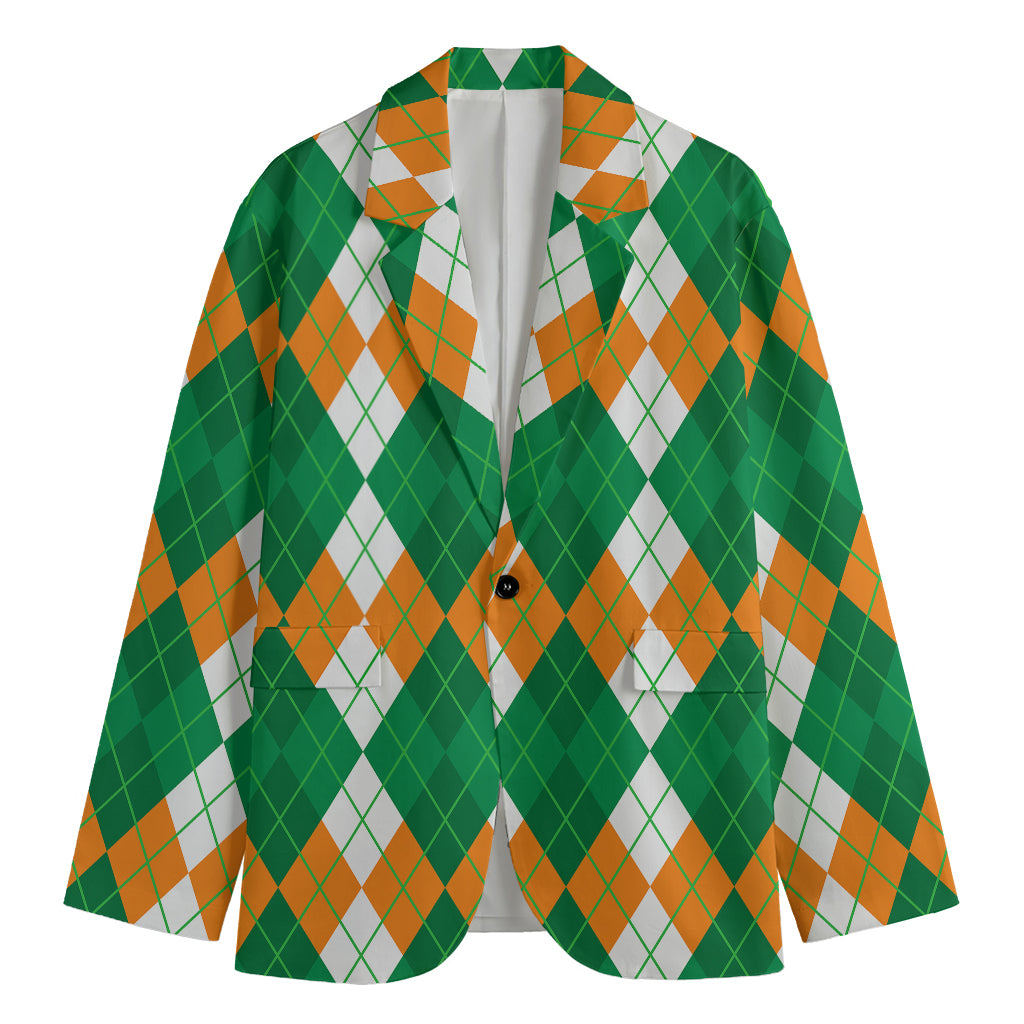 Green Orange And White Argyle Print Men's Blazer