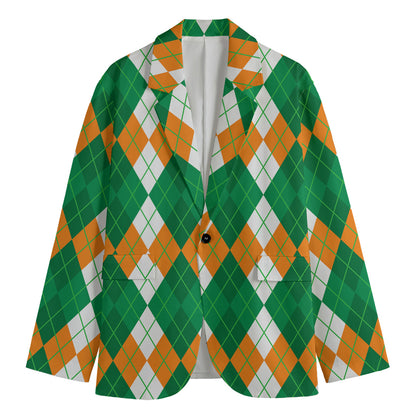 Green Orange And White Argyle Print Men's Blazer