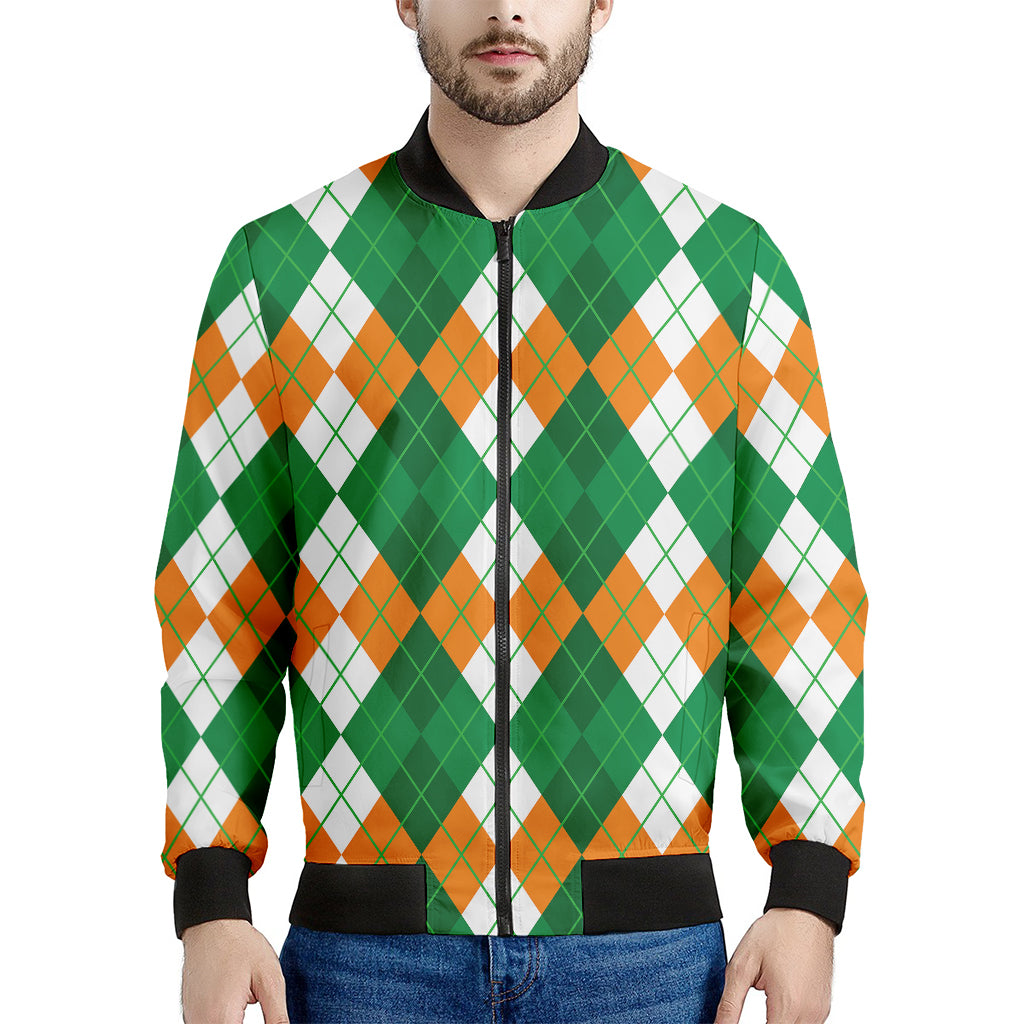 Green Orange And White Argyle Print Men's Bomber Jacket