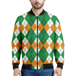 Green Orange And White Argyle Print Men's Bomber Jacket