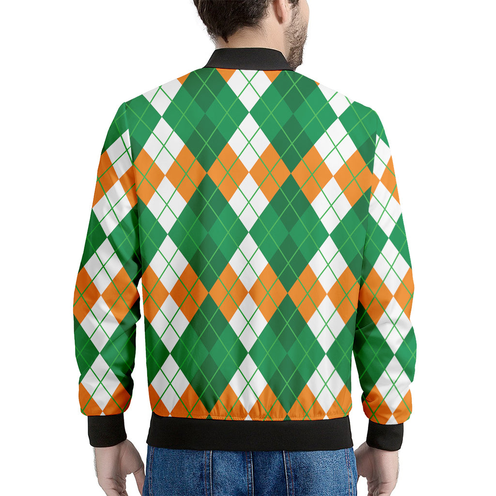 Green Orange And White Argyle Print Men's Bomber Jacket