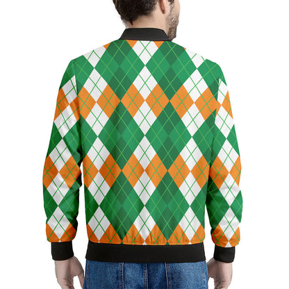Green Orange And White Argyle Print Men's Bomber Jacket