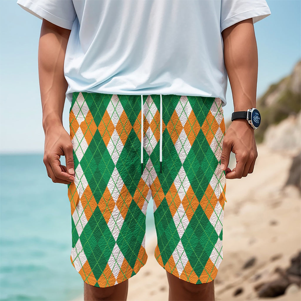Green Orange And White Argyle Print Men's Cargo Shorts