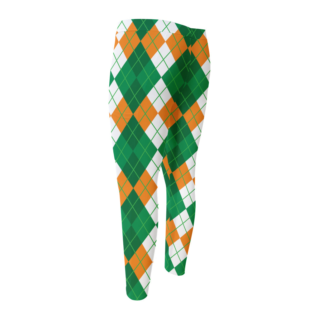 Green Orange And White Argyle Print Men's Compression Pants