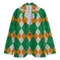Green Orange And White Argyle Print Men's Cotton Blazer