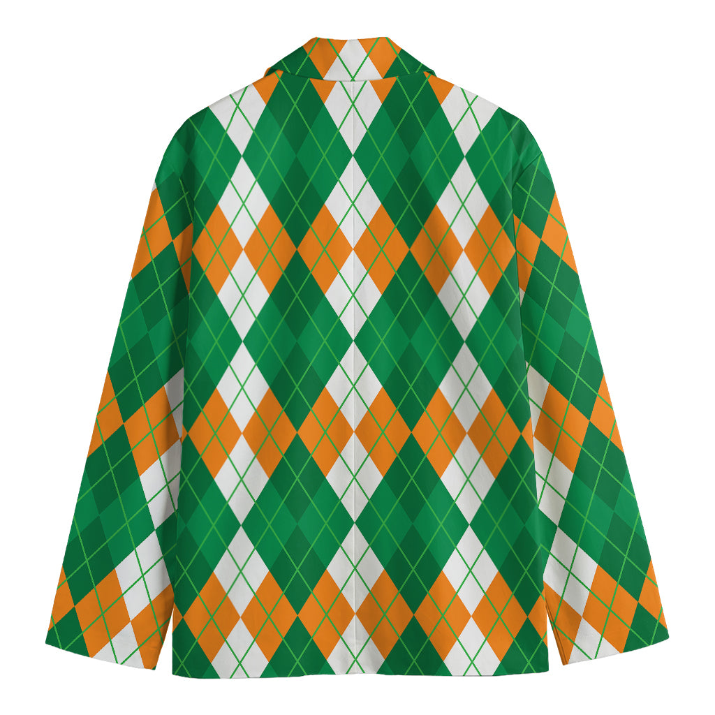 Green Orange And White Argyle Print Men's Cotton Blazer