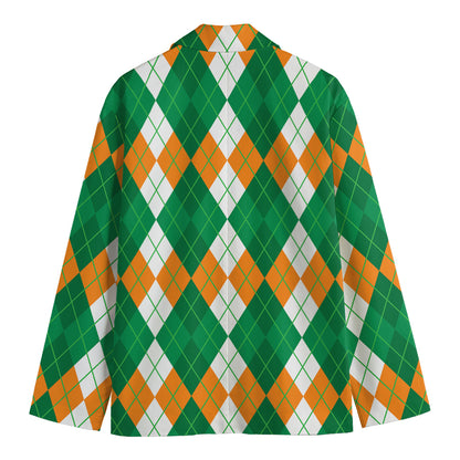 Green Orange And White Argyle Print Men's Cotton Blazer