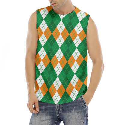 Green Orange And White Argyle Print Men's Fitness Tank Top