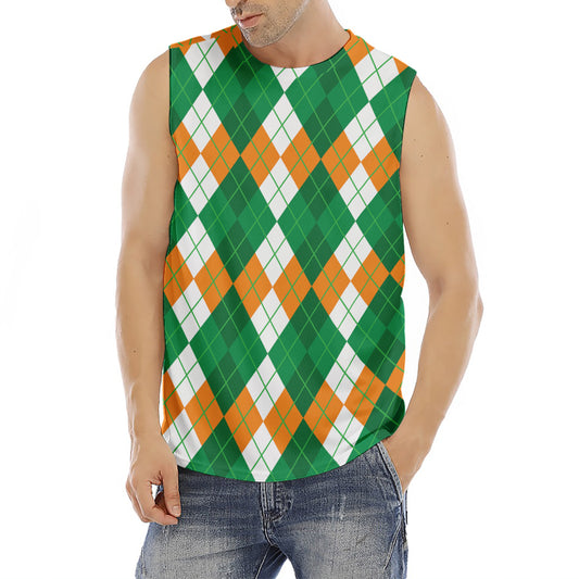 Green Orange And White Argyle Print Men's Fitness Tank Top