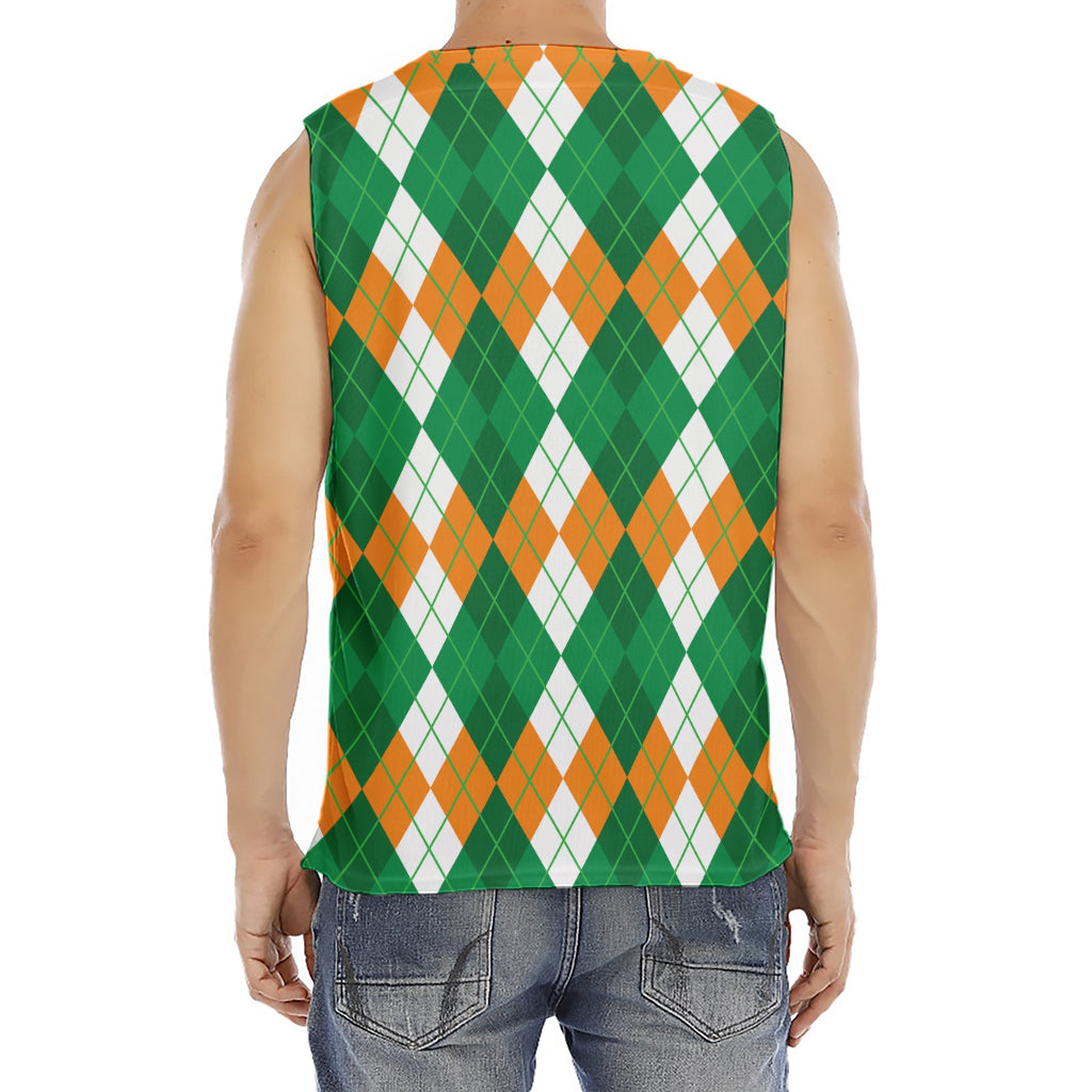 Green Orange And White Argyle Print Men's Fitness Tank Top