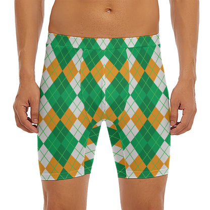 Green Orange And White Argyle Print Men's Long Boxer Briefs