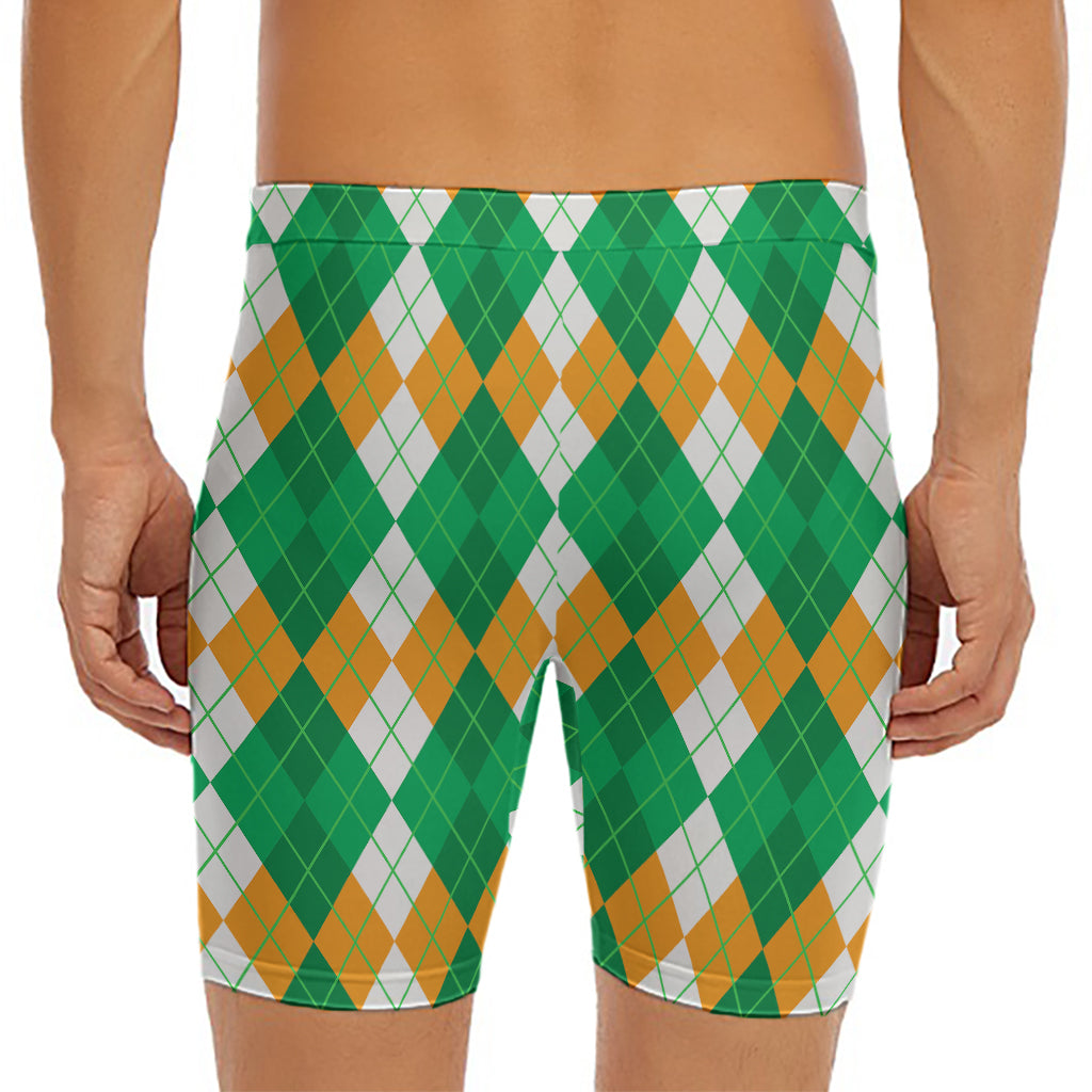 Green Orange And White Argyle Print Men's Long Boxer Briefs