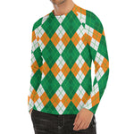 Green Orange And White Argyle Print Men's Long Sleeve Rash Guard