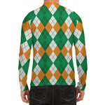 Green Orange And White Argyle Print Men's Long Sleeve Rash Guard