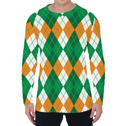 Green Orange And White Argyle Print Men's Long Sleeve T-Shirt