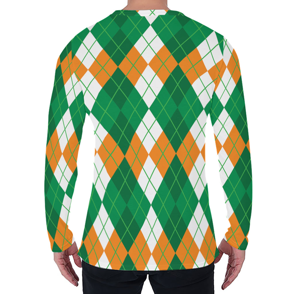 Green Orange And White Argyle Print Men's Long Sleeve T-Shirt