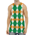 Green Orange And White Argyle Print Men's Muscle Tank Top