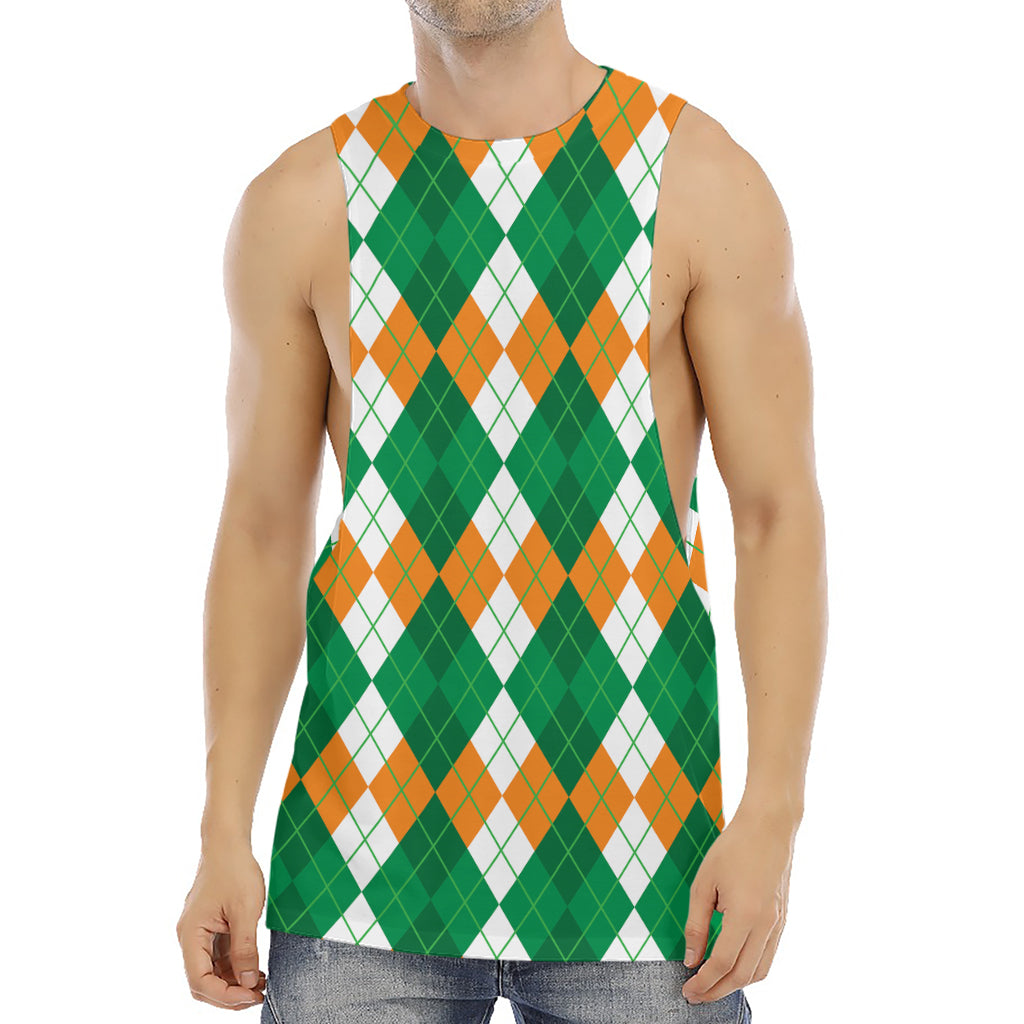 Green Orange And White Argyle Print Men's Muscle Tank Top