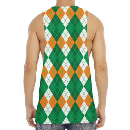 Green Orange And White Argyle Print Men's Muscle Tank Top