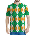 Green Orange And White Argyle Print Men's Polo Shirt