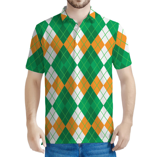 Green Orange And White Argyle Print Men's Polo Shirt