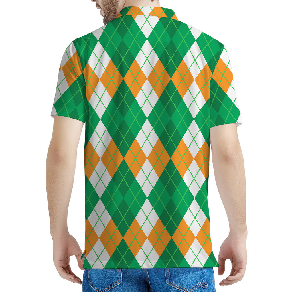 Green Orange And White Argyle Print Men's Polo Shirt