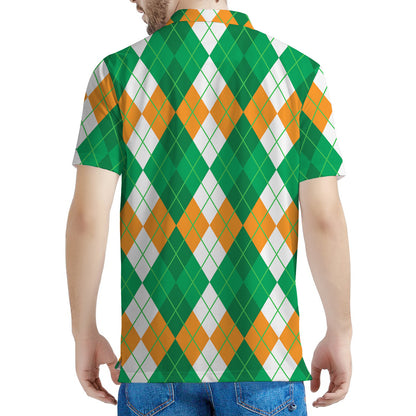 Green Orange And White Argyle Print Men's Polo Shirt