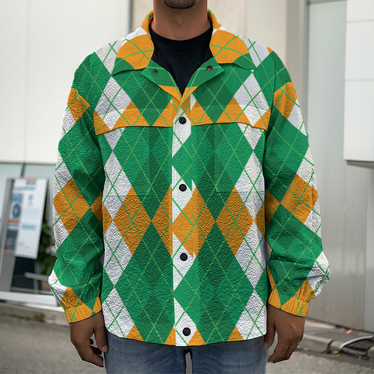 Green Orange And White Argyle Print Men's Shirt Jacket