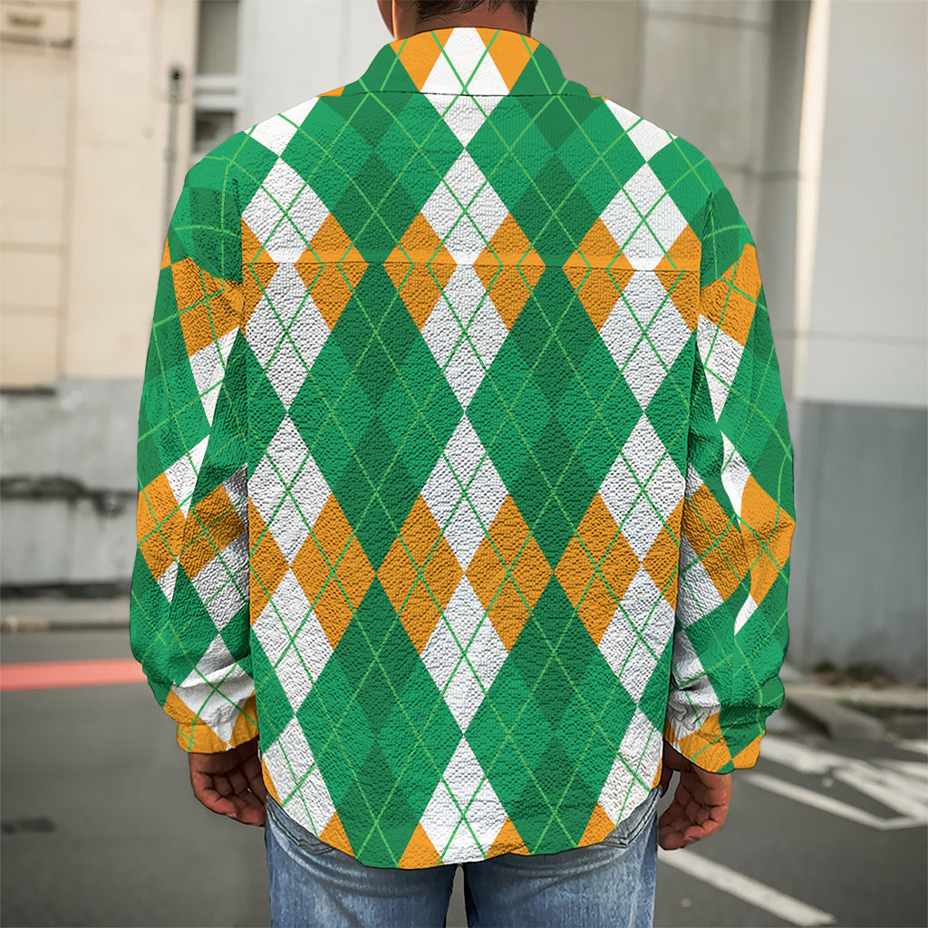 Green Orange And White Argyle Print Men's Shirt Jacket