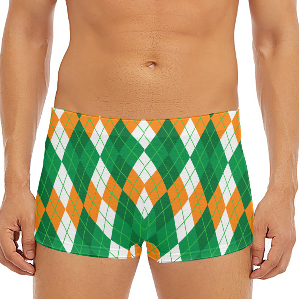 Green Orange And White Argyle Print Men's Short Boxer Briefs