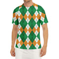 Green Orange And White Argyle Print Men's Short Sleeve Rash Guard