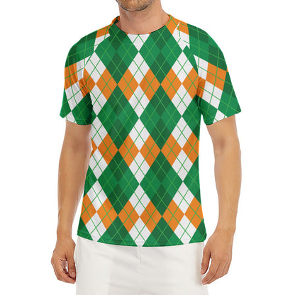 Green Orange And White Argyle Print Men's Short Sleeve Rash Guard