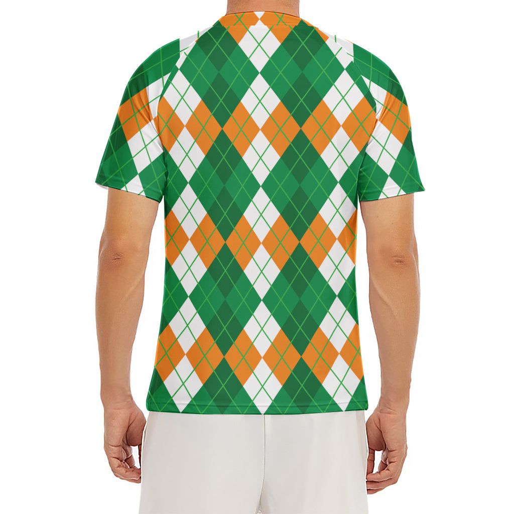 Green Orange And White Argyle Print Men's Short Sleeve Rash Guard