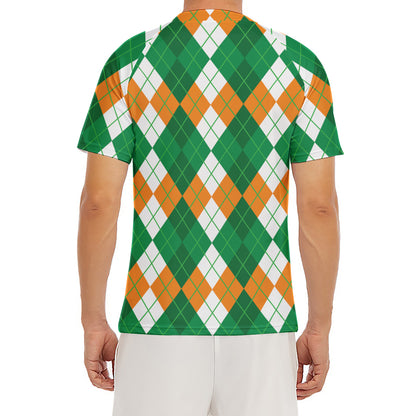 Green Orange And White Argyle Print Men's Short Sleeve Rash Guard