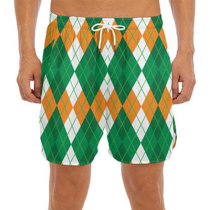 Green Orange And White Argyle Print Men's Split Running Shorts