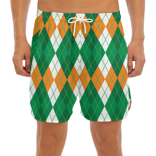 Green Orange And White Argyle Print Men's Split Running Shorts