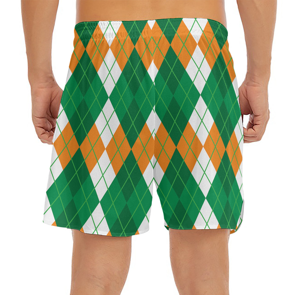 Green Orange And White Argyle Print Men's Split Running Shorts