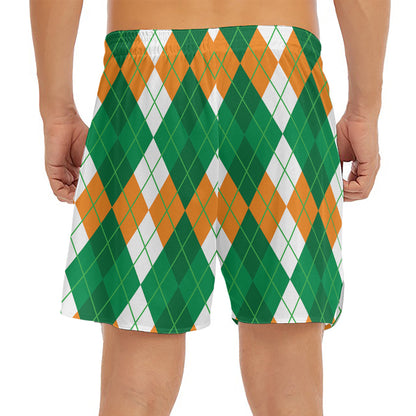 Green Orange And White Argyle Print Men's Split Running Shorts