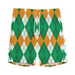 Green Orange And White Argyle Print Men's Sports Shorts