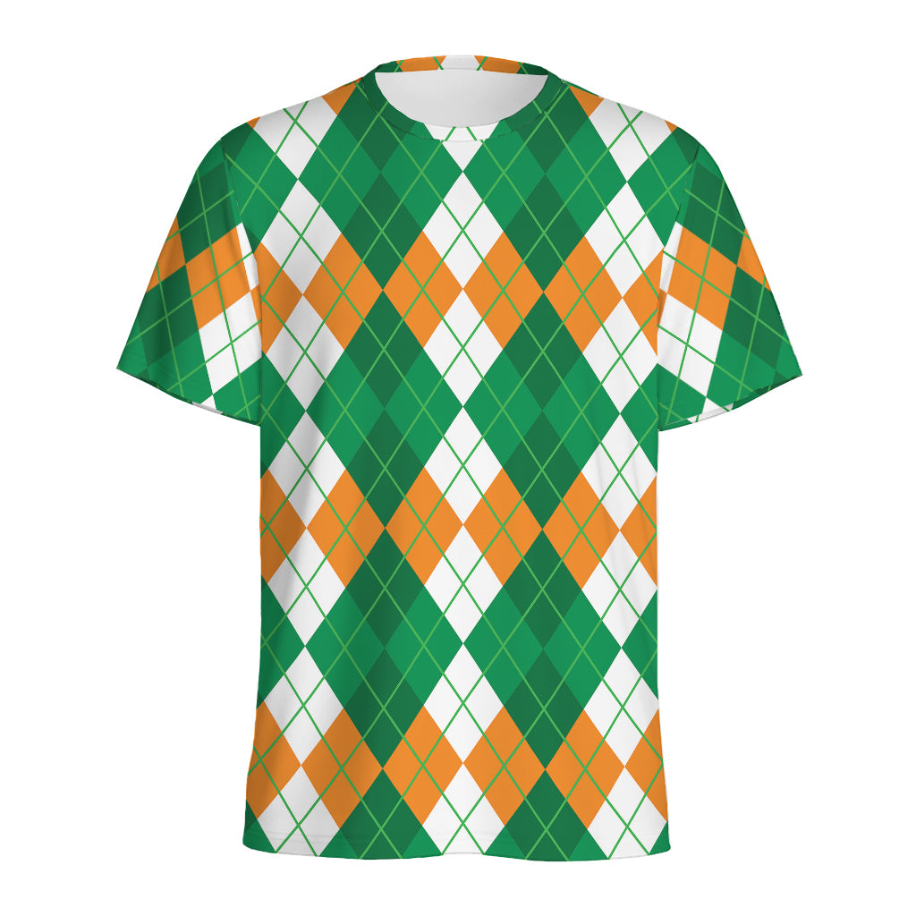 Green Orange And White Argyle Print Men's Sports T-Shirt