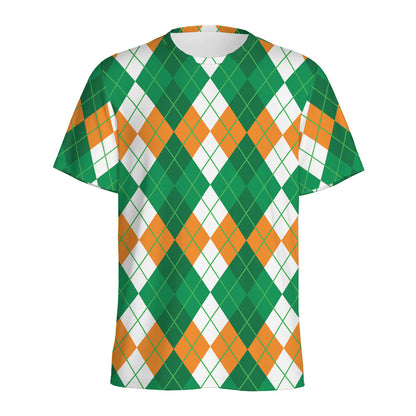 Green Orange And White Argyle Print Men's Sports T-Shirt
