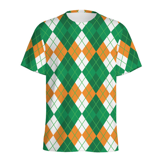 Green Orange And White Argyle Print Men's Sports T-Shirt