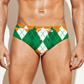 Green Orange And White Argyle Print Men's Swim Briefs