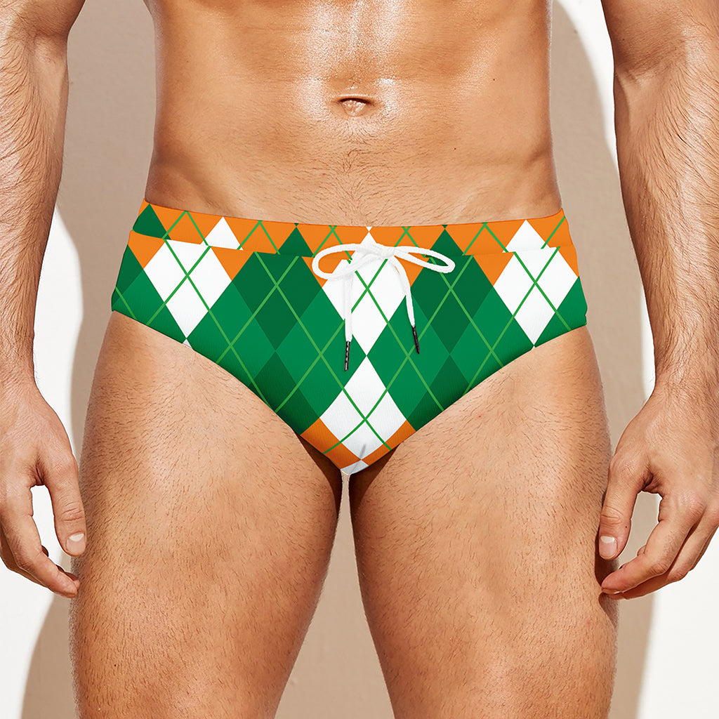 Green Orange And White Argyle Print Men's Swim Briefs