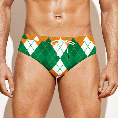 Green Orange And White Argyle Print Men's Swim Briefs