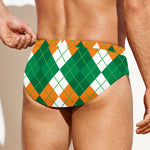 Green Orange And White Argyle Print Men's Swim Briefs