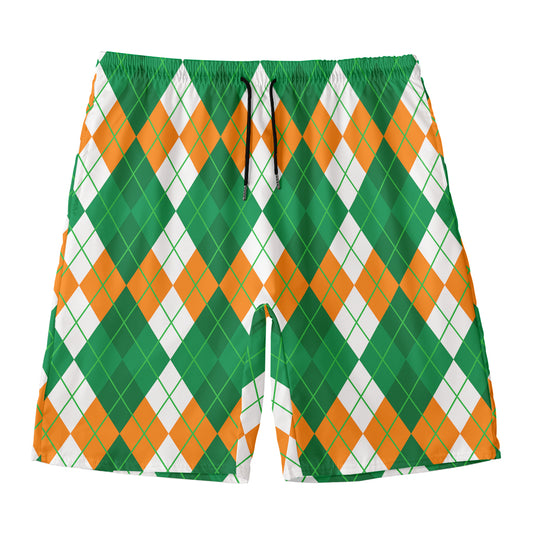 Green Orange And White Argyle Print Men's Swim Trunks