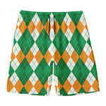 Green Orange And White Argyle Print Men's Swim Trunks