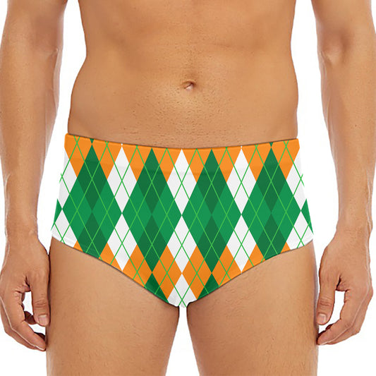 Green Orange And White Argyle Print Men's Triangle Swim Briefs