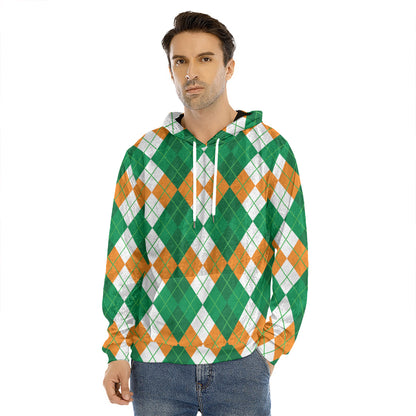 Green Orange And White Argyle Print Men's Velvet Pullover Hoodie